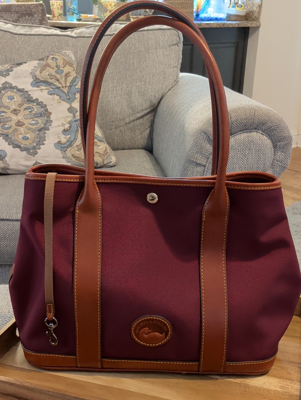 Dooney & Bourke Burgundy Tote with Brown Leather Trim